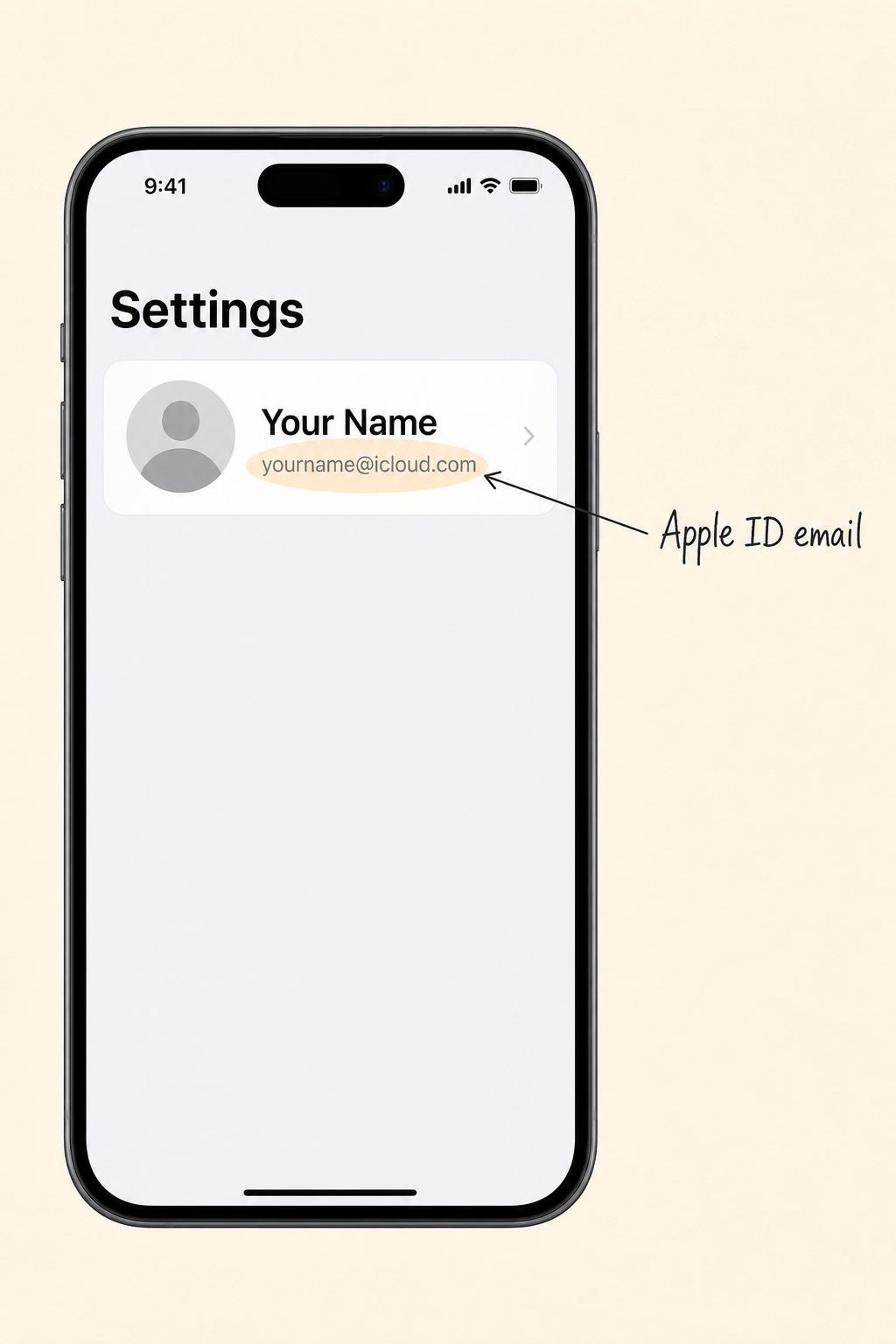 iPhone Settings screen showing where the Apple ID email appears under your name